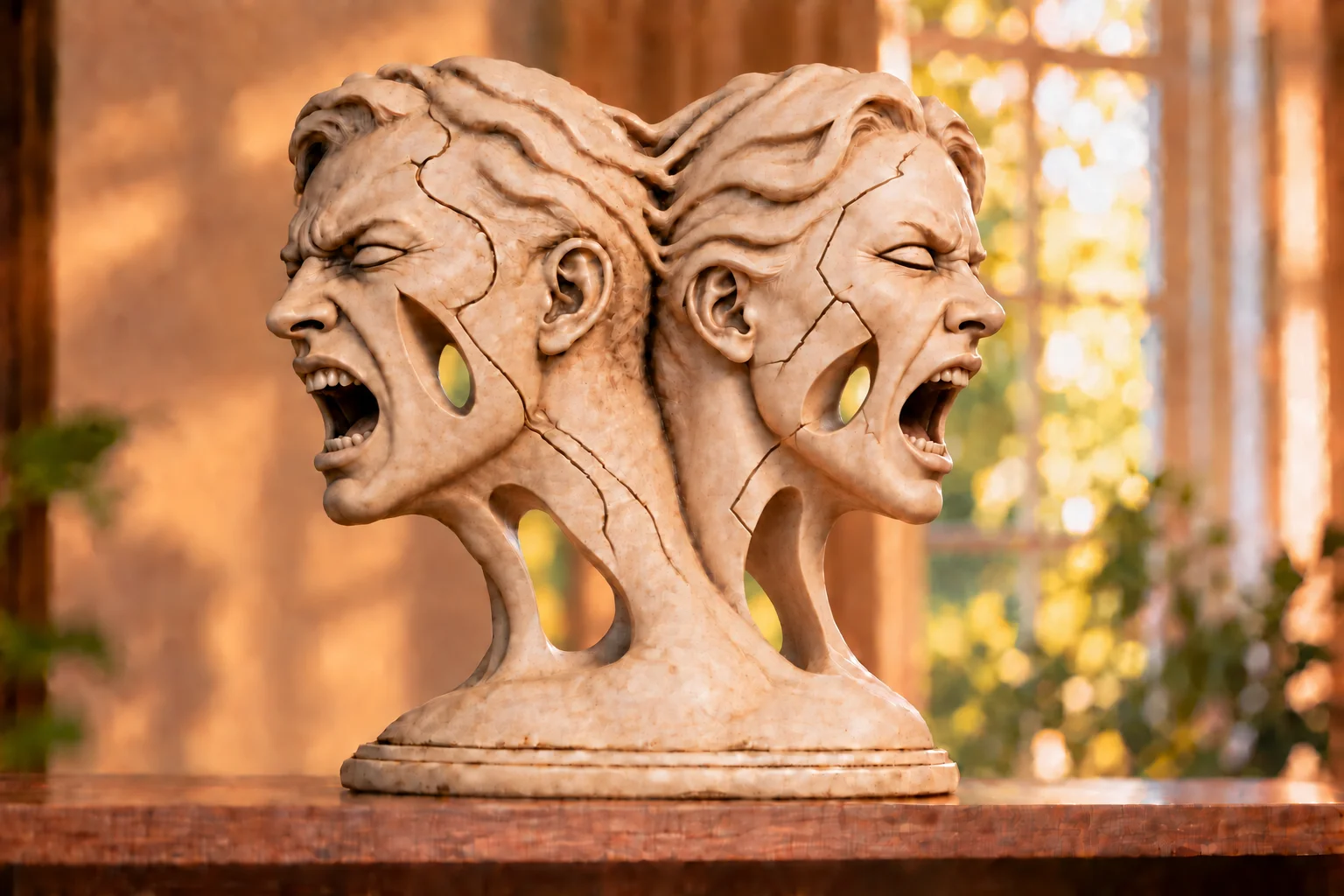 A light-colored hollow sculpture of two faces joined at the back of the head, shouting in opposite directions, on a wooden shelf