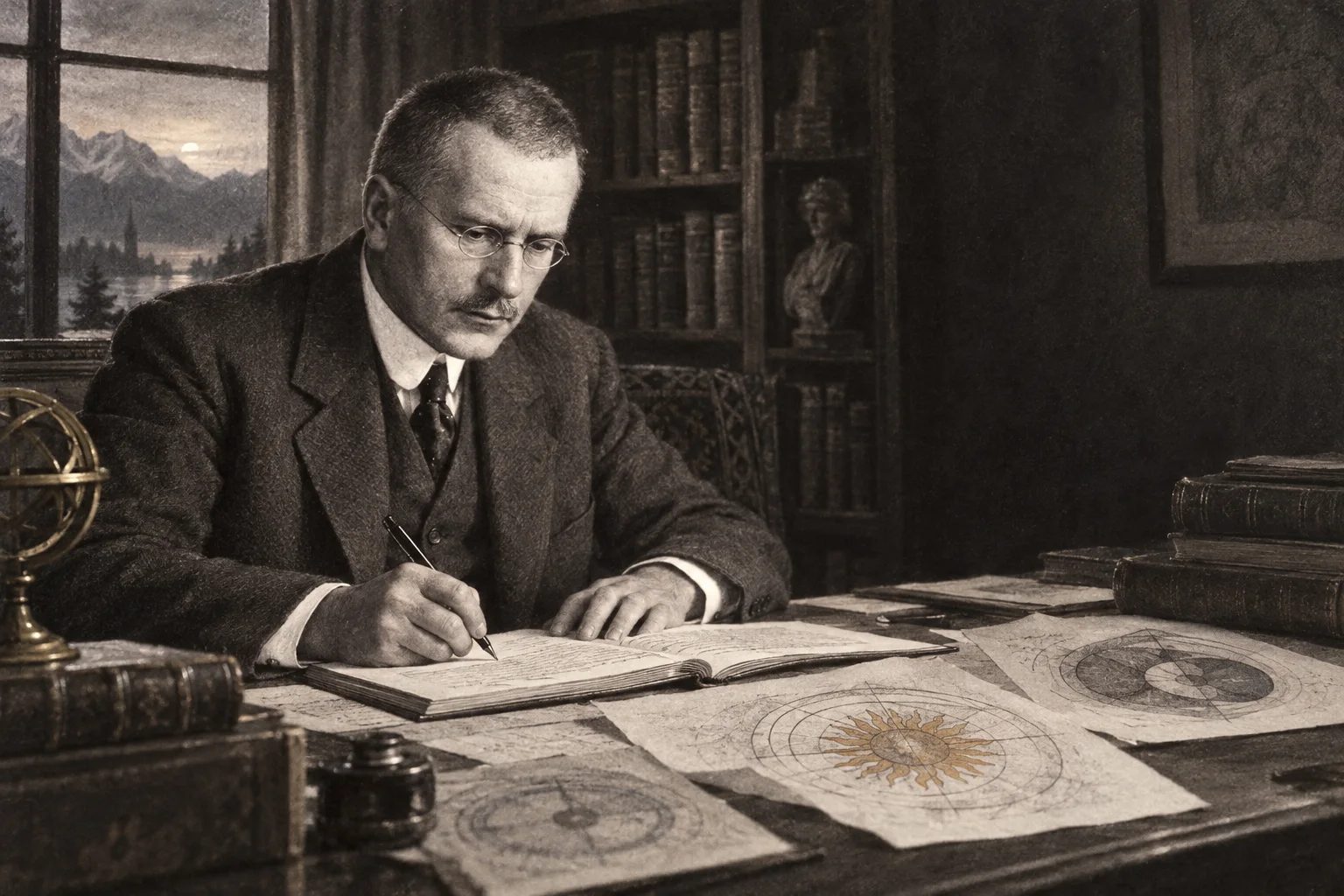 An editorial illustration of C. G. Jung studying and writing in notebooks