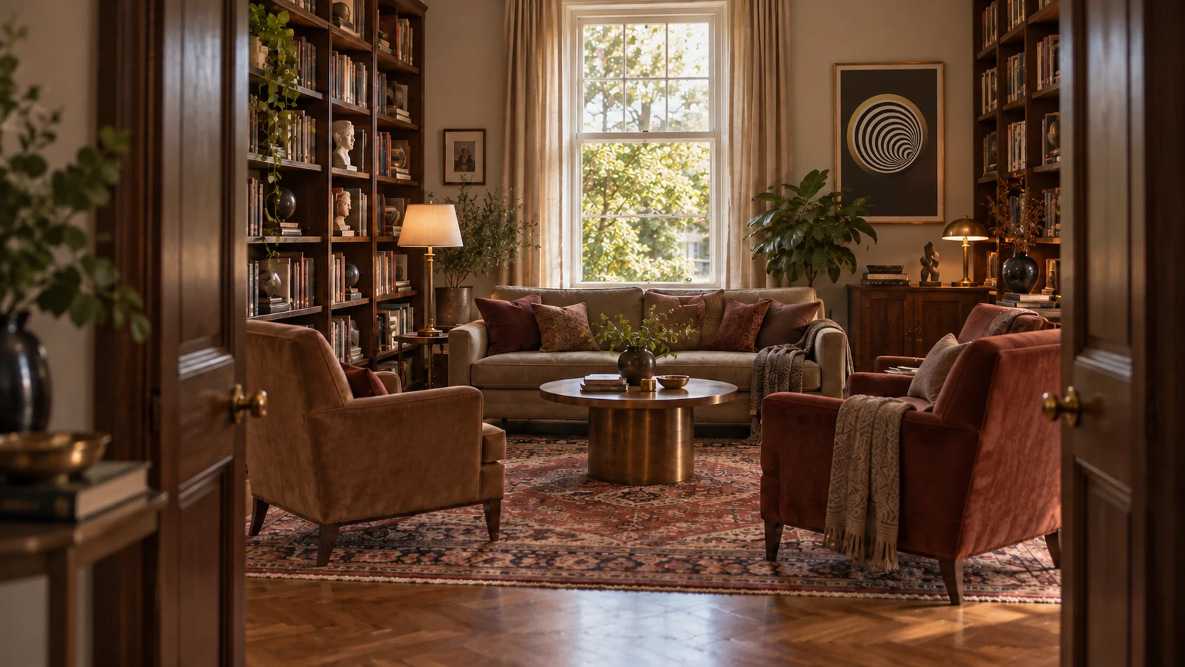 A therapy office with a sofa and two armchairs arranged for conversation