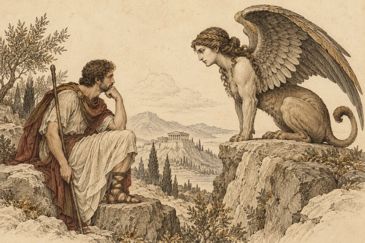 An engraving of Oedipus facing the sphinx, reflecting on the riddle