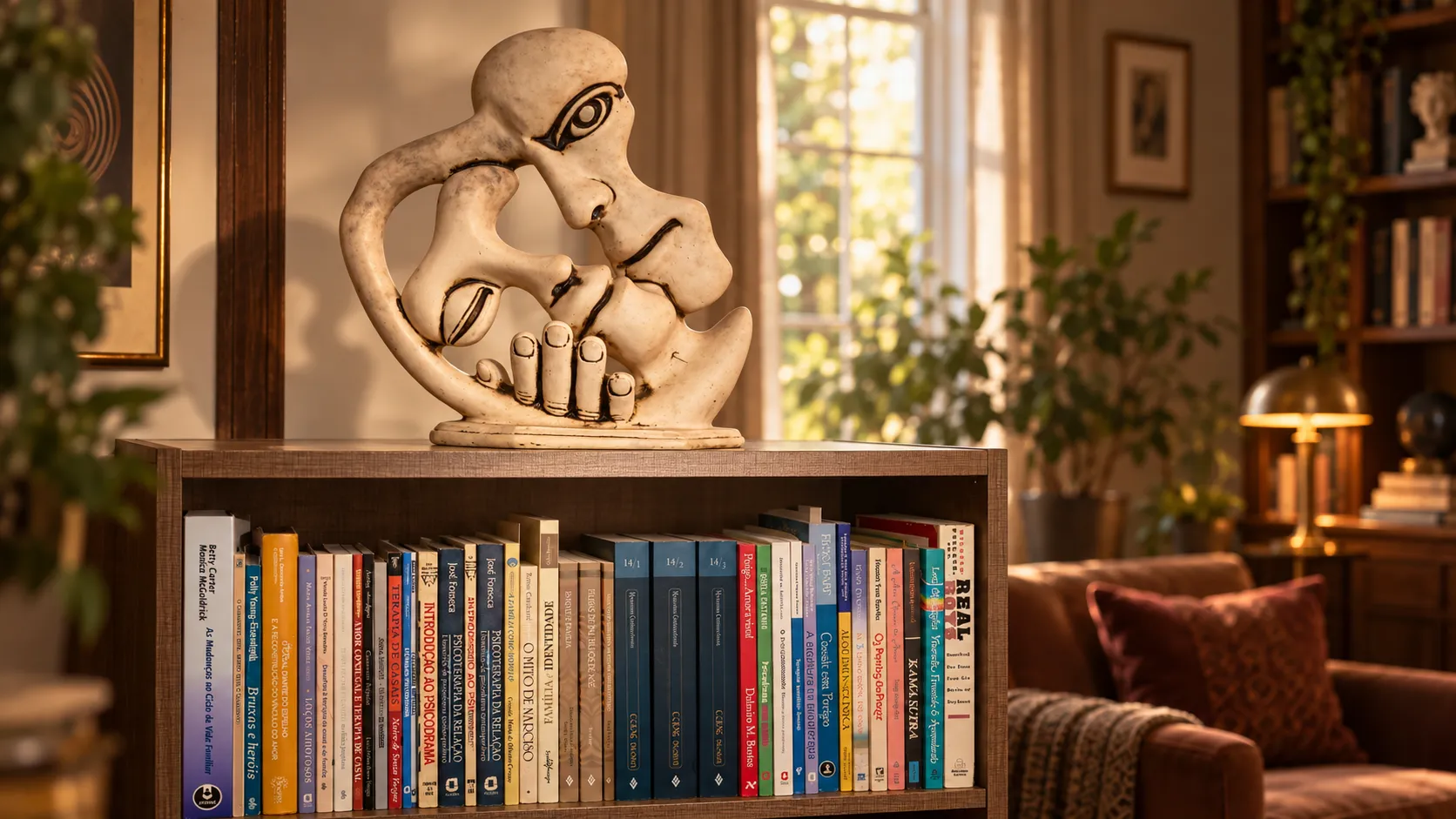 A sculpture of two figures beside psychology books on a shelf inspired by the therapy office