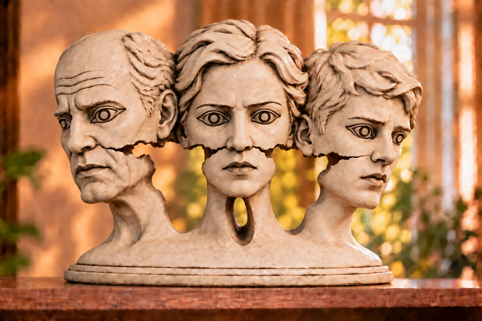 A hollow sculpture of three generations—an elderly man, an adult woman, and a boy—joined at the base and crossed by a horizontal fissure