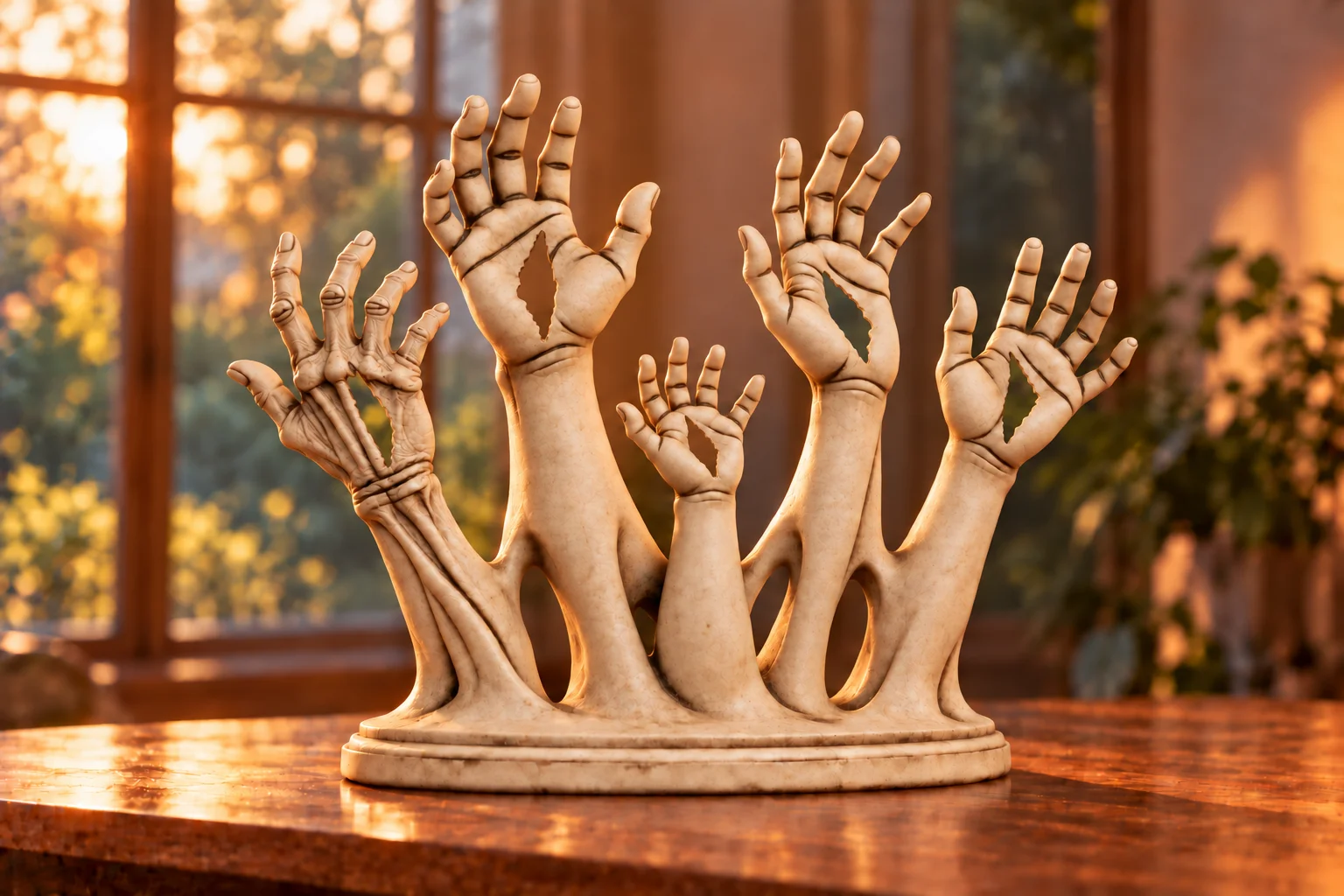 A light-colored sculpture of five hands from different generations, with hollow palms, joined at the base and reaching upward in the evening light